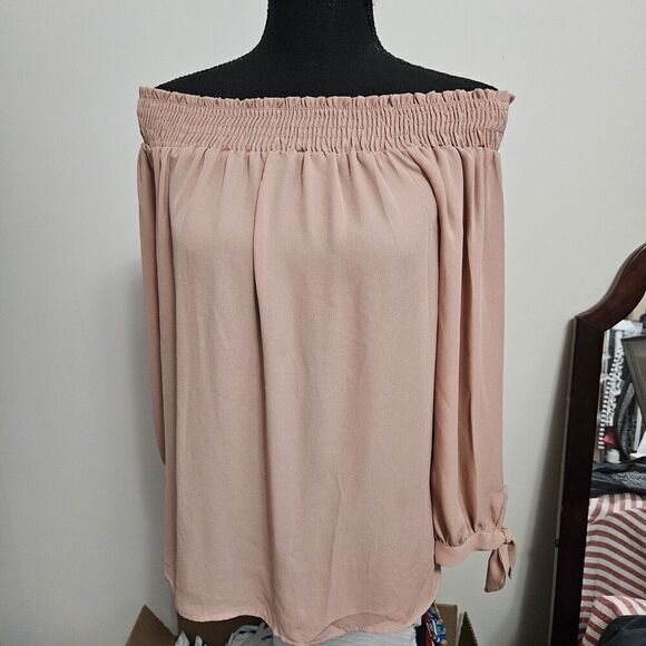 Women's Summer Blouse Tan Taupe 3/4 tie sleeve off shoulder size S by TIMING - Picture 1 of 8